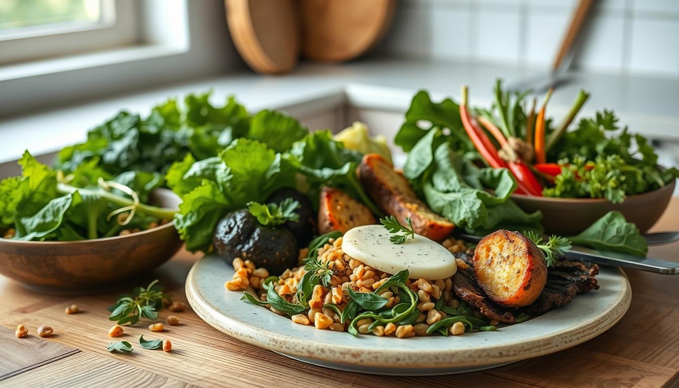 Balanced healthy meal prepared in a home kitchen